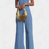 Pilarica Conjunto Plisado con Top Asimétrico Halter y Pantalón Fluido