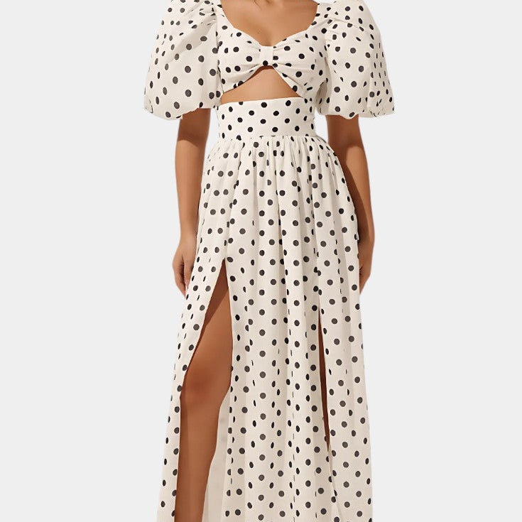 Sherine Conjunto de Falda y Top de Lunares con Mangas Abullonadas