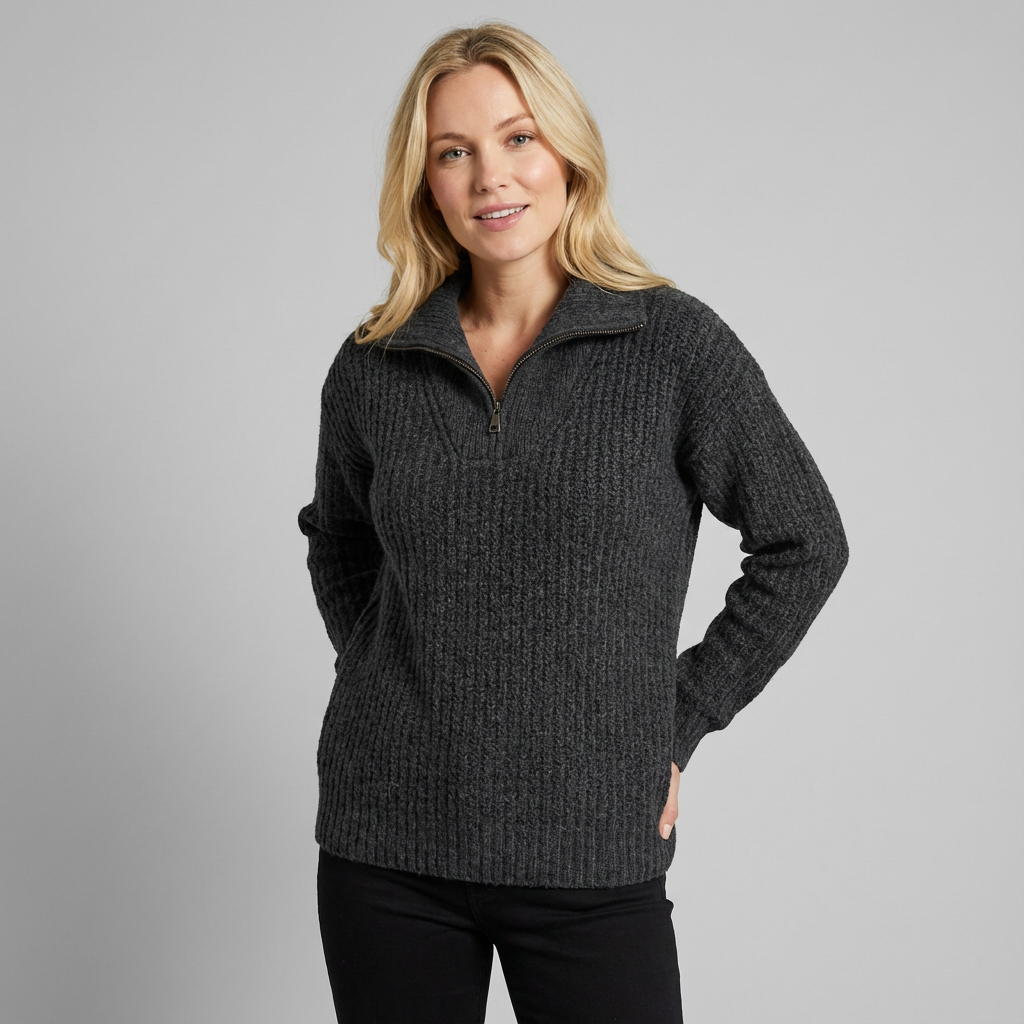 Jersey de mujer con media cremallera, cuello alto de punto texturizado y corte holgado