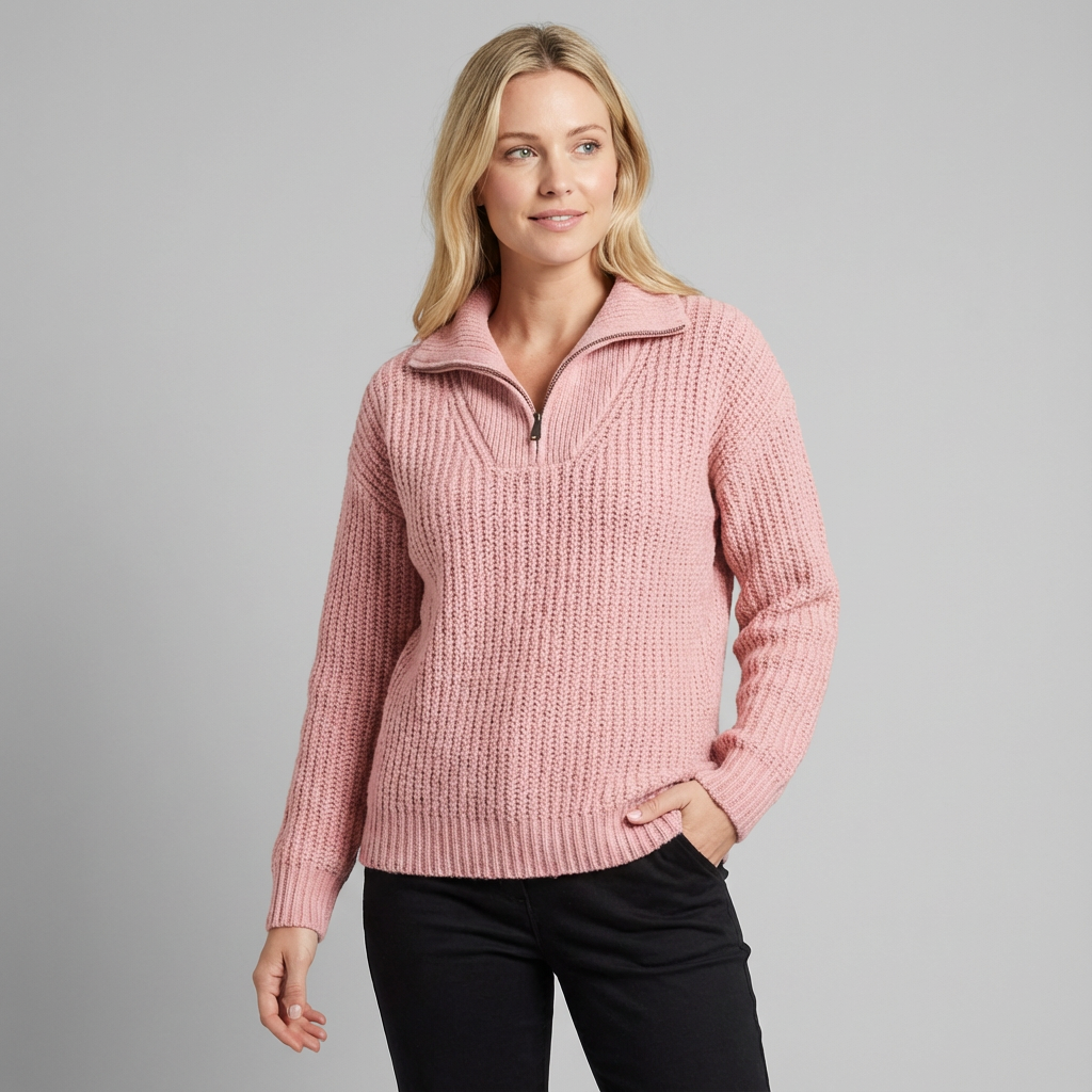 Jersey de mujer con media cremallera, cuello alto de punto texturizado y corte holgado