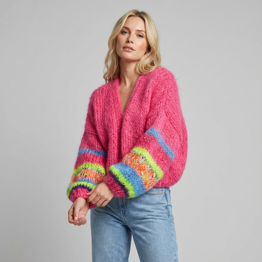 Cárdigan de punto grueso colorido para mujer con diseño frontal abierto