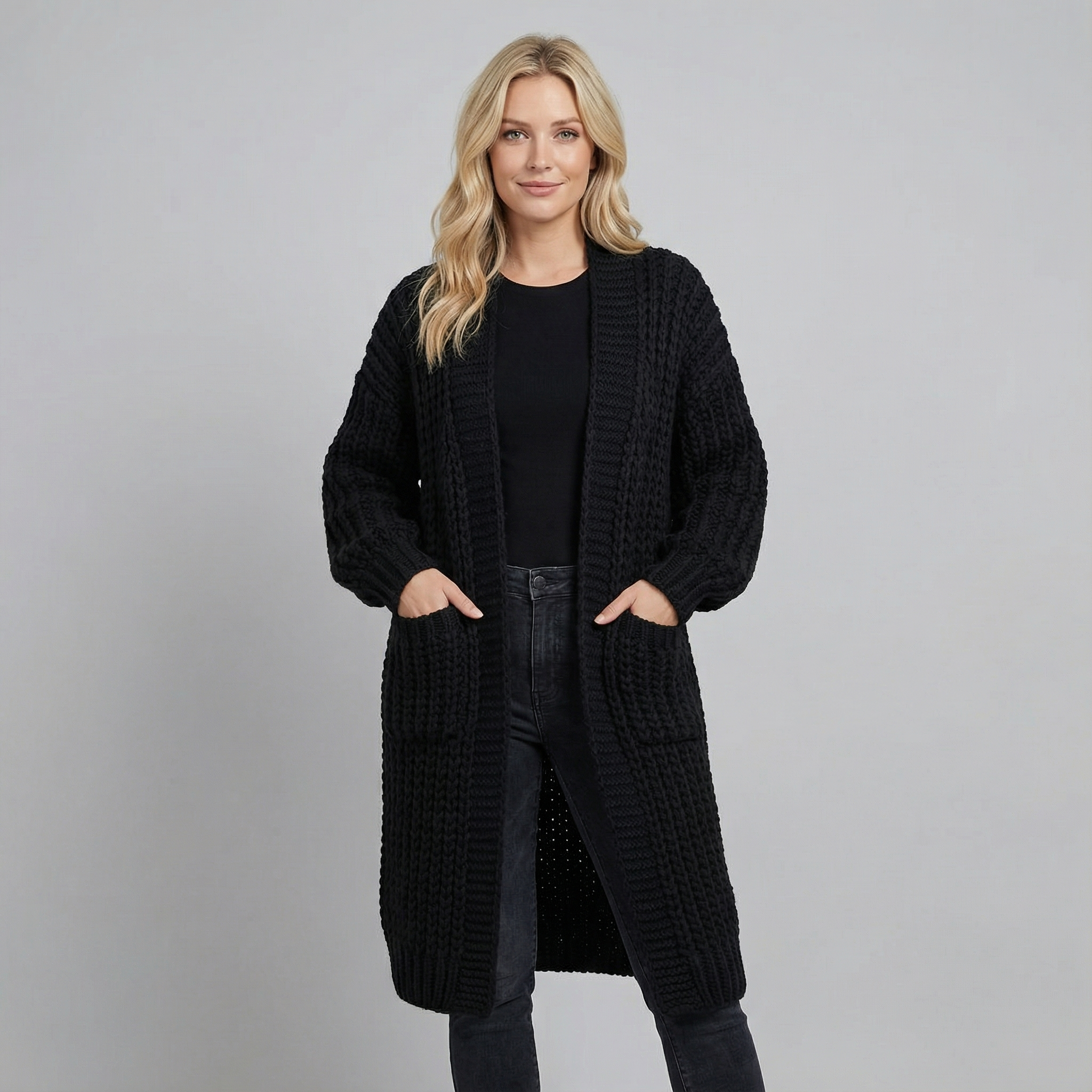 Cárdigan largo de punto grueso para mujer con corte holgado y acogedor