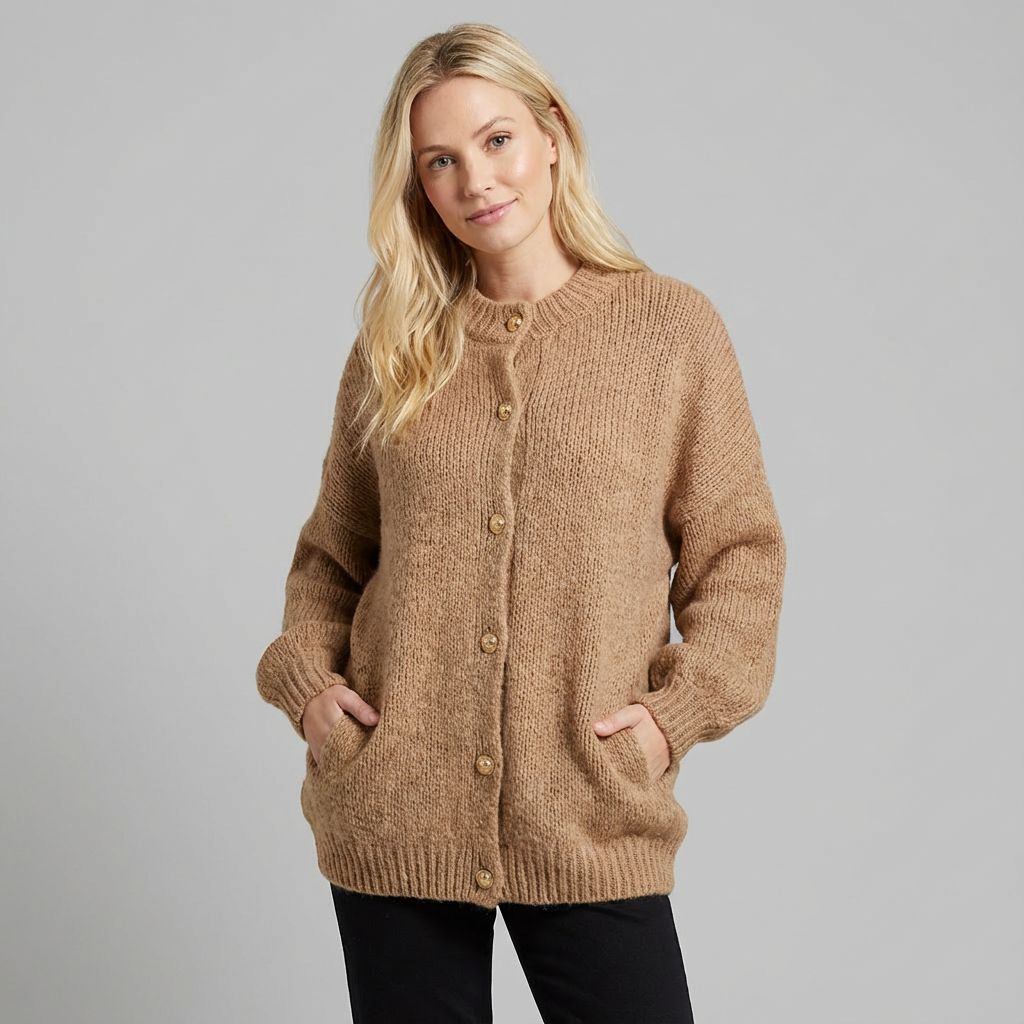 Cárdigan de punto con botones para mujer, cuello y puños acanalados
