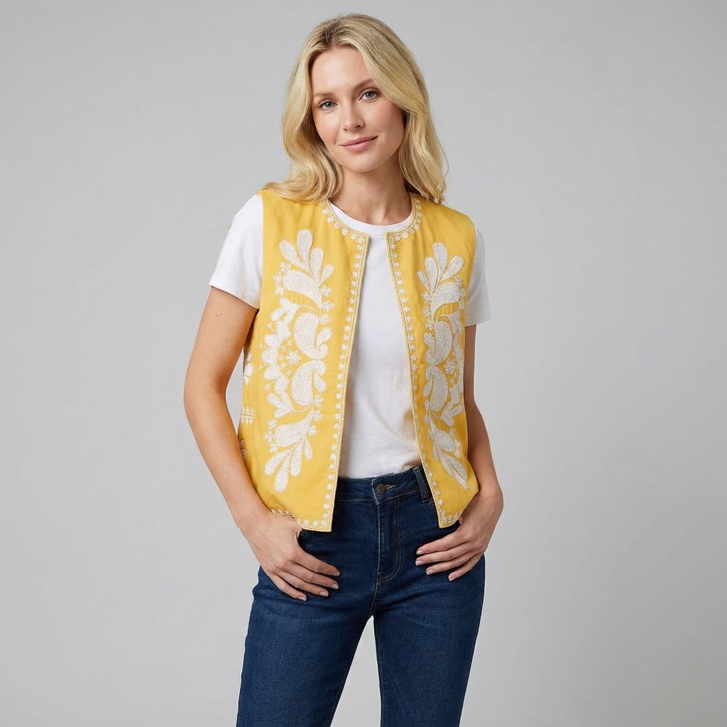 Chaleco sin mangas bordado para mujer con detalles florales