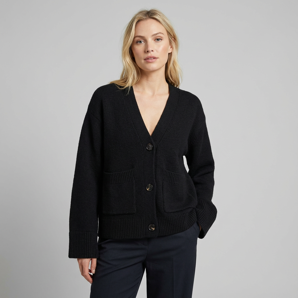 Cárdigan de mujer con cuello en V, botones, dobladillo acanalado y bolsillos de parche
