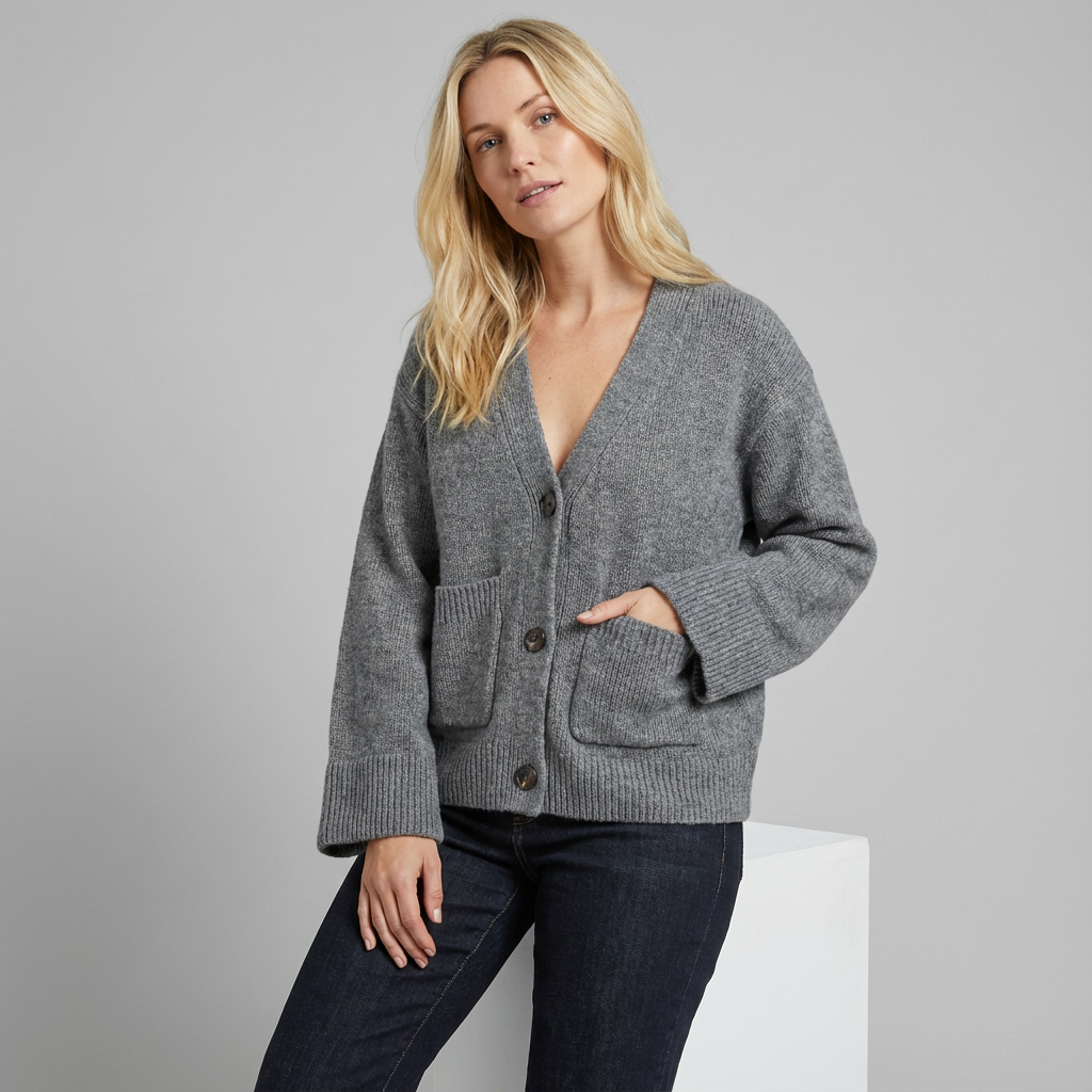 Cárdigan de mujer con cuello en V, botones, dobladillo acanalado y bolsillos de parche