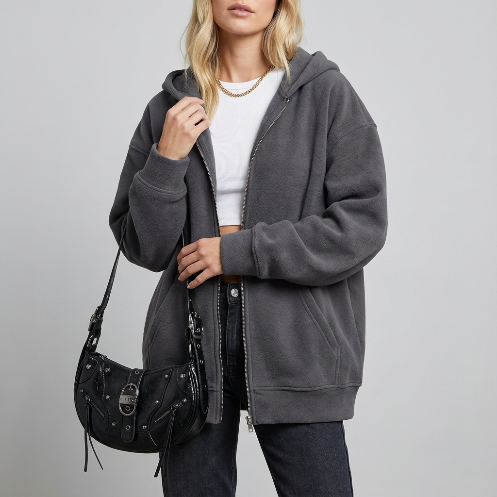 Sudadera con capucha extragrande con cremallera, cordón ajustable y bolsillos para mujer