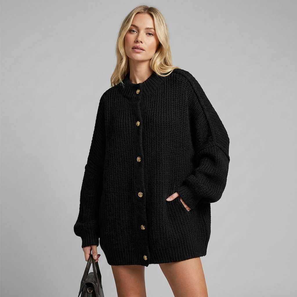 Cárdigan de mujer con mangas murciélago, solapa y detalle de botones metálicos