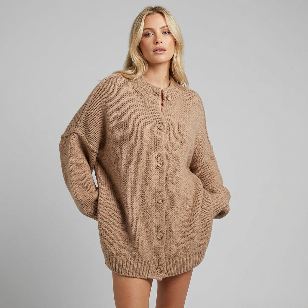 Cárdigan de mujer con mangas murciélago, solapa y detalle de botones metálicos