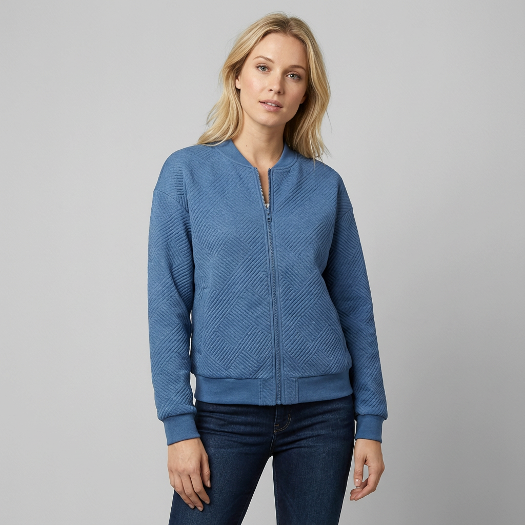 Cárdigan texturizado con cremallera para mujer, dobladillo acanalado y mangas largas