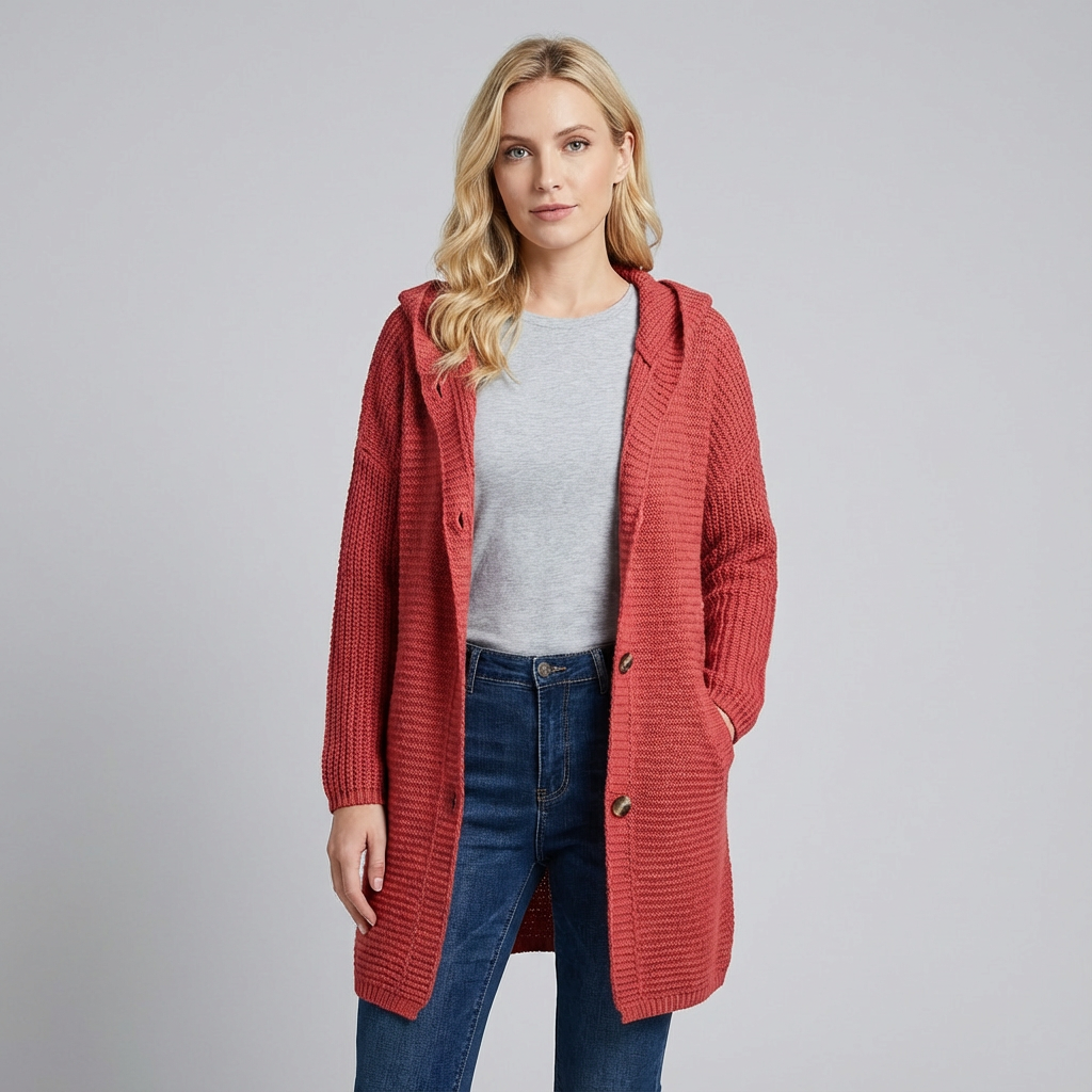 Cárdigan largo de punto con capucha y botones en la parte delantera para mujer