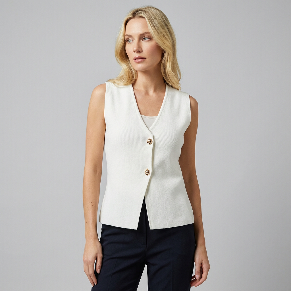 Chaleco de punto con botones al frente y diseño sin mangas para mujer