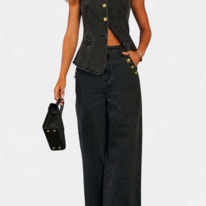 Ludovica Conjunto de Denim con Chaleco Ajustado y Jeans de Pierna Ancha