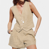 Jennifer Conjunto Chaleco y Pantalones Cortos de Lino Algodón