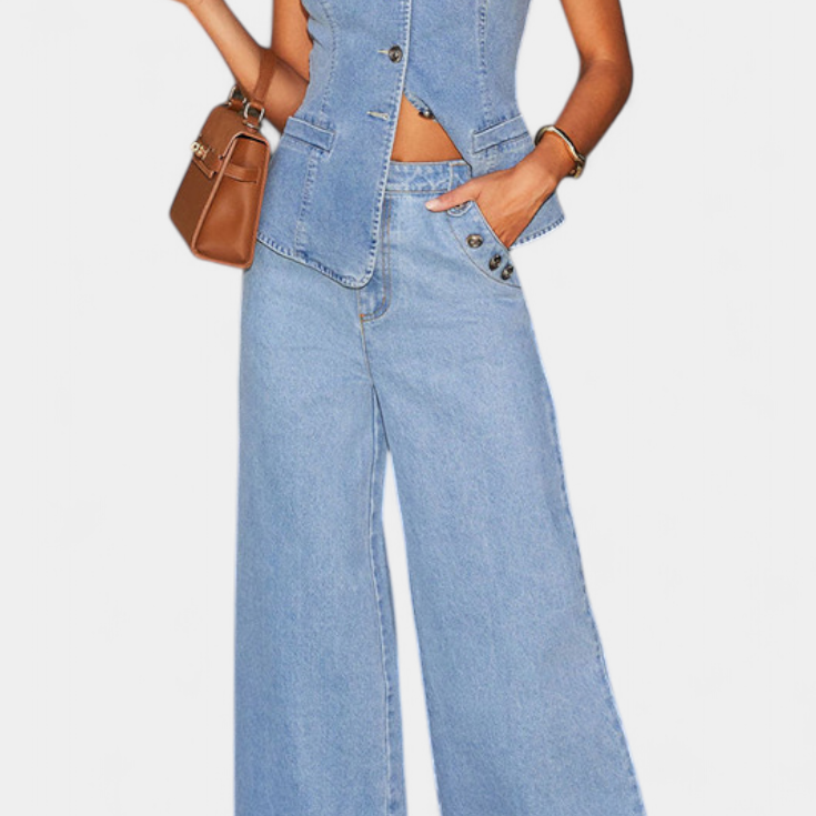Ludovica Conjunto de Denim con Chaleco Ajustado y Jeans de Pierna Ancha