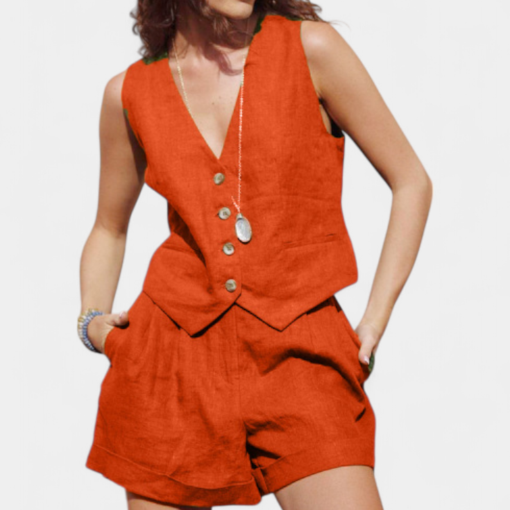 Jennifer Conjunto Chaleco y Pantalones Cortos de Lino Algodón