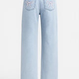 Pantalones Vaqueros de Pierna Ancha | Pantalones Juguetones con Estampado de Cereza | Cintura Alta