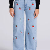 Pantalones Vaqueros de Pierna Ancha | Pantalones Juguetones con Estampado de Cereza | Cintura Alta