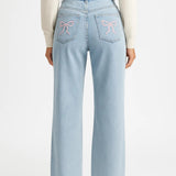 Pantalones Vaqueros de Pierna Ancha | Pantalones Juguetones con Estampado de Cereza | Cintura Alta