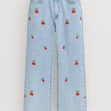 Pantalones Vaqueros de Pierna Ancha | Pantalones Juguetones con Estampado de Cereza | Cintura Alta