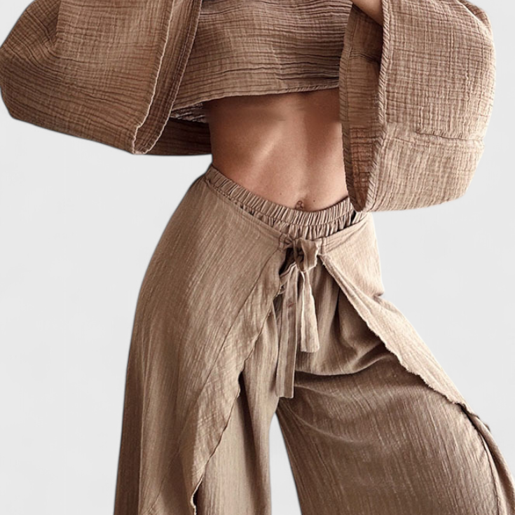 Elsie Conjunto Fluido con Kimono y Pantalón Cruzado