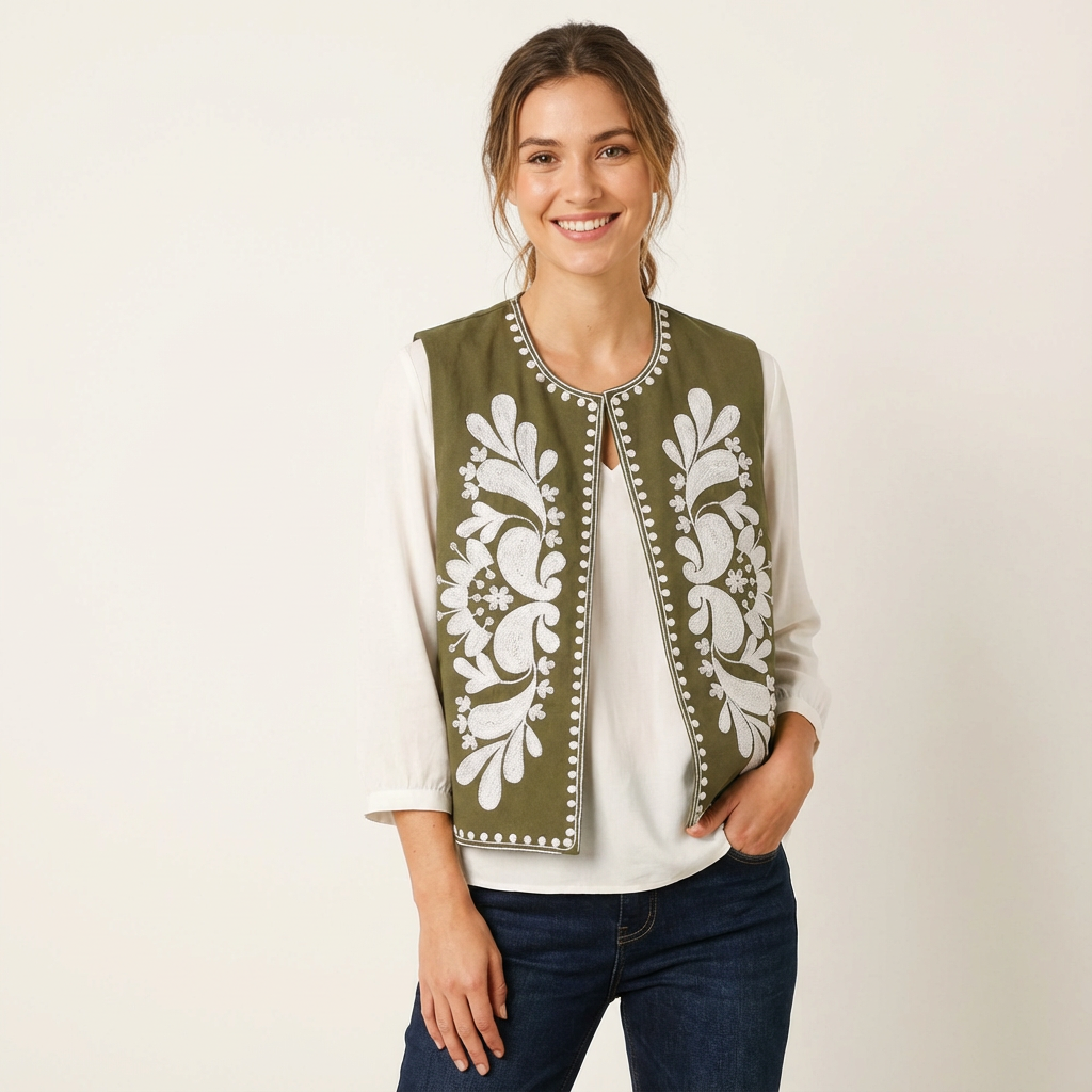 Chaleco sin mangas bordado para mujer con detalles florales