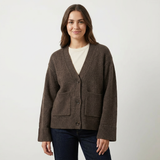 Cárdigan de mujer con cuello en V, botones, dobladillo acanalado y bolsillos de parche