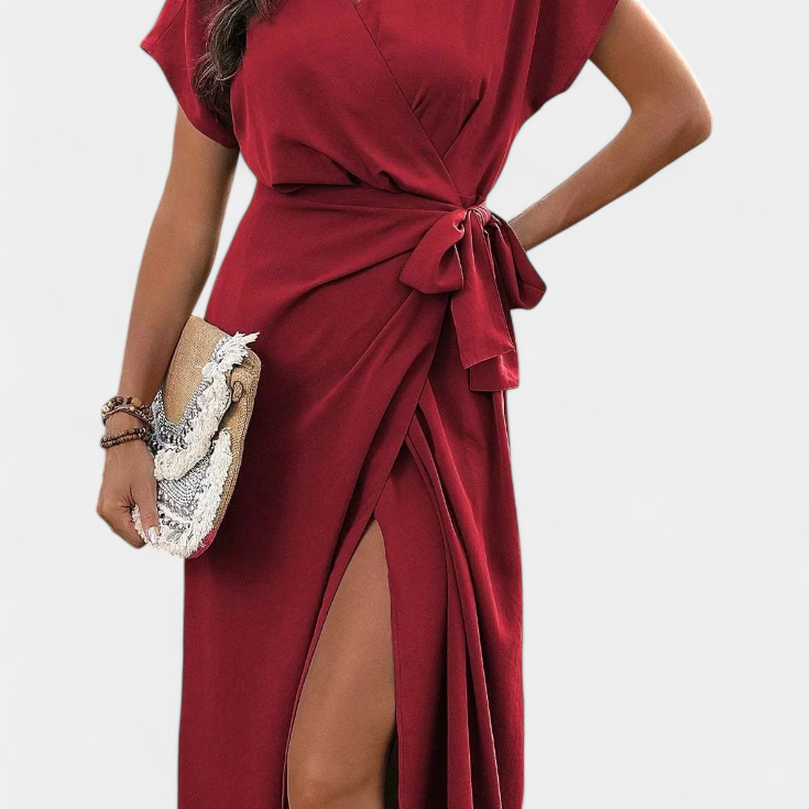 Begoña Vestido Cruzado con Cinturón y Abertura Sutil