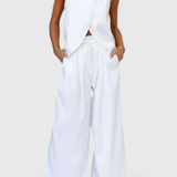 Bernadina Conjunto de Lino con Top de Abertura Frontal y Pantalón de Pierna Ancha