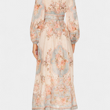 Dorotila Vestido Maxi Acampanado con Estampado Floral, Botones y Mangas Globo