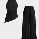 Pilarica Conjunto Plisado con Top Asimétrico Halter y Pantalón Fluido