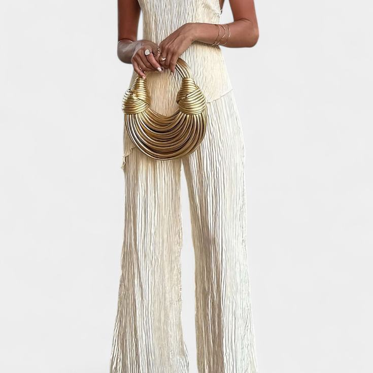 Pilarica Conjunto Plisado con Top Asimétrico Halter y Pantalón Fluido