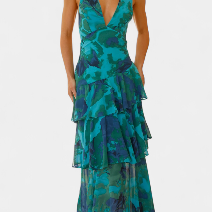 Domenica Vestido de Gasa con Escote en V y Capas Fluidas