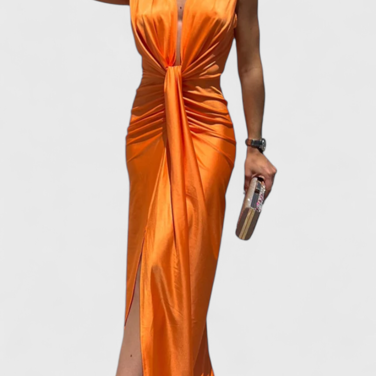 Lakisha Vestido Midi Fruncido con Escote Profundo