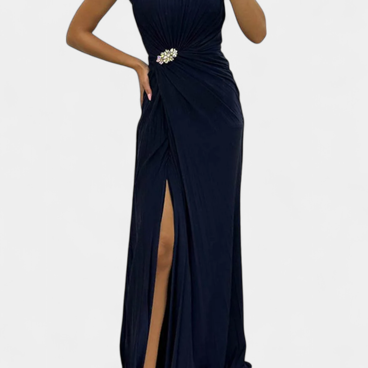 Shiloh Vestido Maxi Plisado con Abertura Lateral y Escote Cruzado