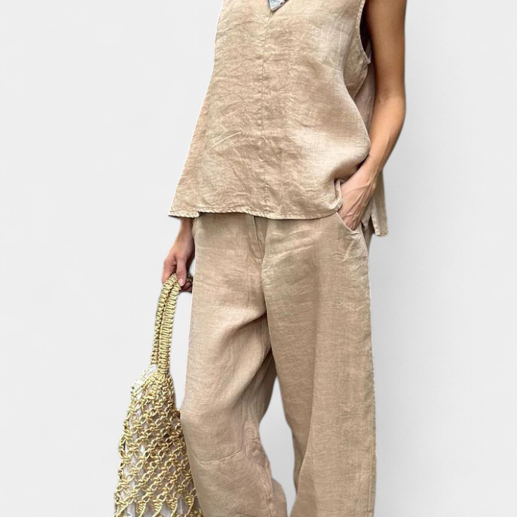 Leona Conjunto de Chaleco y Pantalón Sin Mangas en Algodón Lino