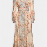 Dorotila Vestido Maxi Acampanado con Estampado Floral, Botones y Mangas Globo