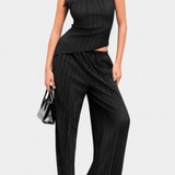 Pilarica Conjunto Plisado con Top Asimétrico Halter y Pantalón Fluido