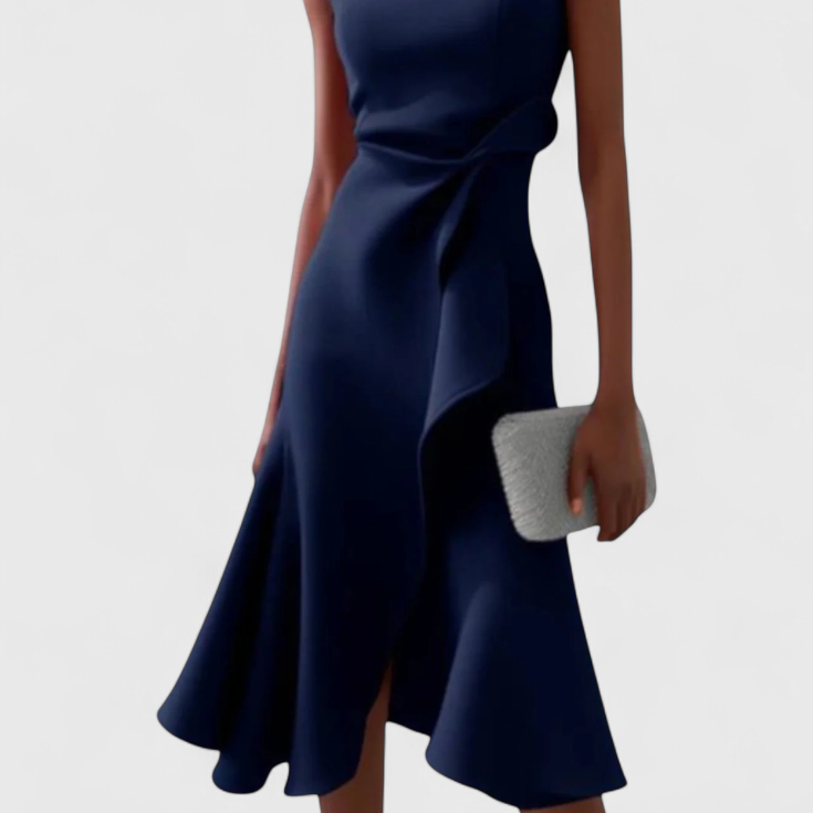 Claudia Vestido Midi Asimétrico con Drapeado Elegante