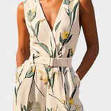 Slara Mono Largo de Vacaciones con Escote en V y Cinturón Ajustable