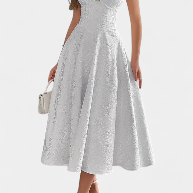 Gilda Vestido Midi Jacquard con Espalda Abierta y Cintura Alta