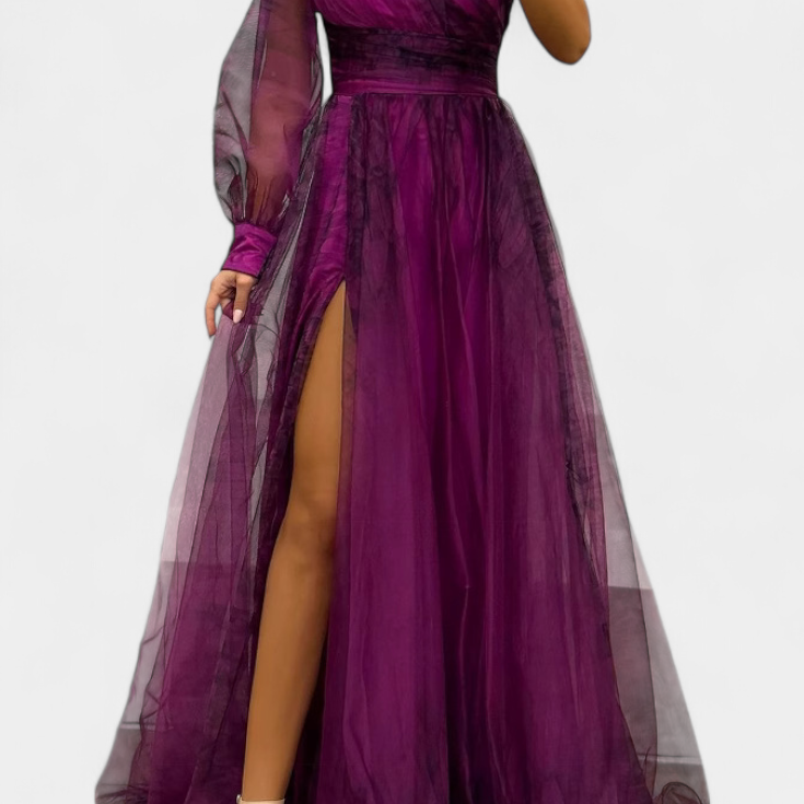 Becca Vestido Maxi de Chiffón con Hombro Descubierto y Flor Voluminosa