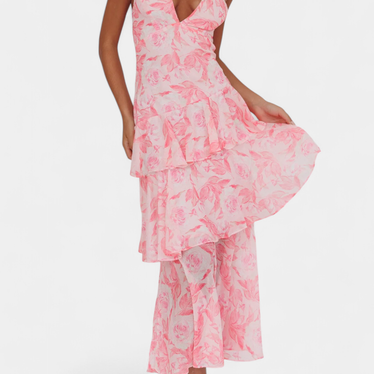 Domenica Vestido de Gasa con Escote en V y Capas Fluidas