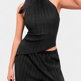 Pilarica Conjunto Plisado con Top Asimétrico Halter y Pantalón Fluido