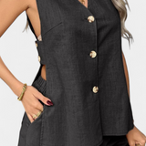 Loren Conjunto de Lino Sin Mangas de Estilo Relajado